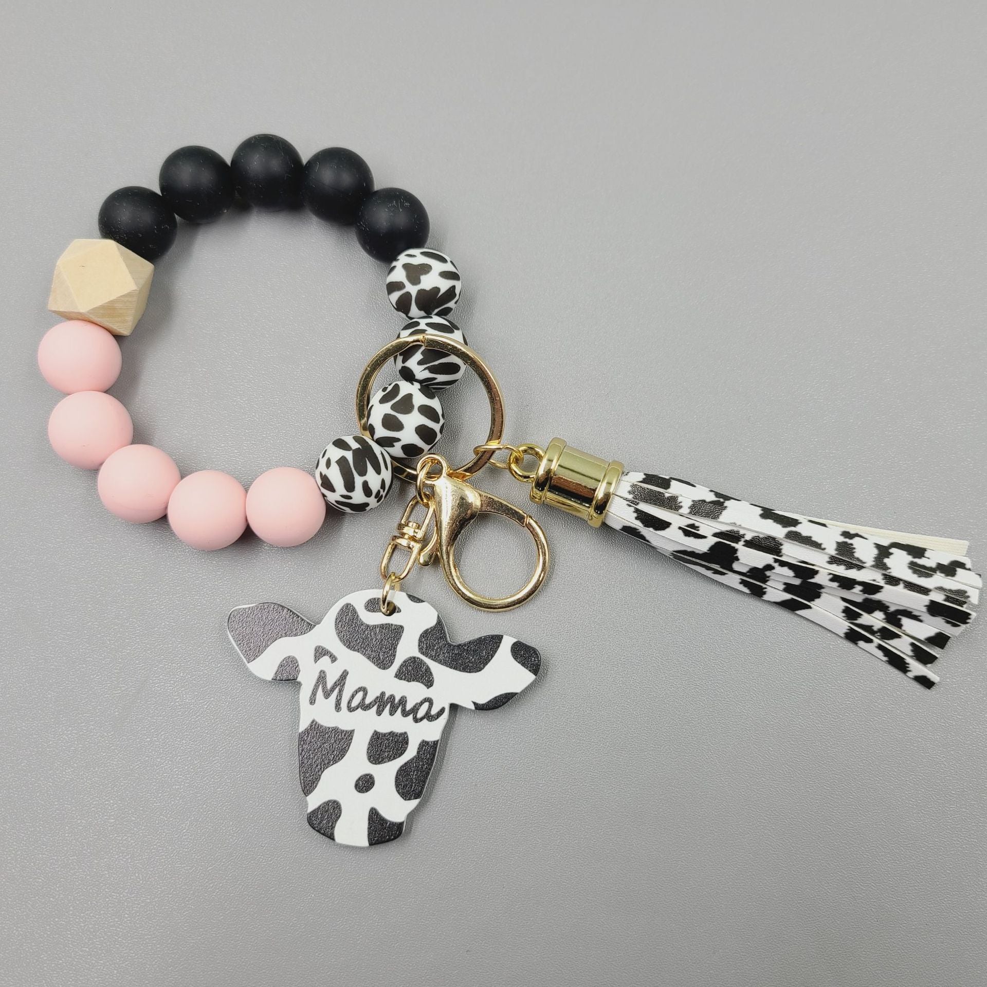 Wholesale Western Style Wood Chips MAMA Bull Head Silicone Beads Bracelet Keychain